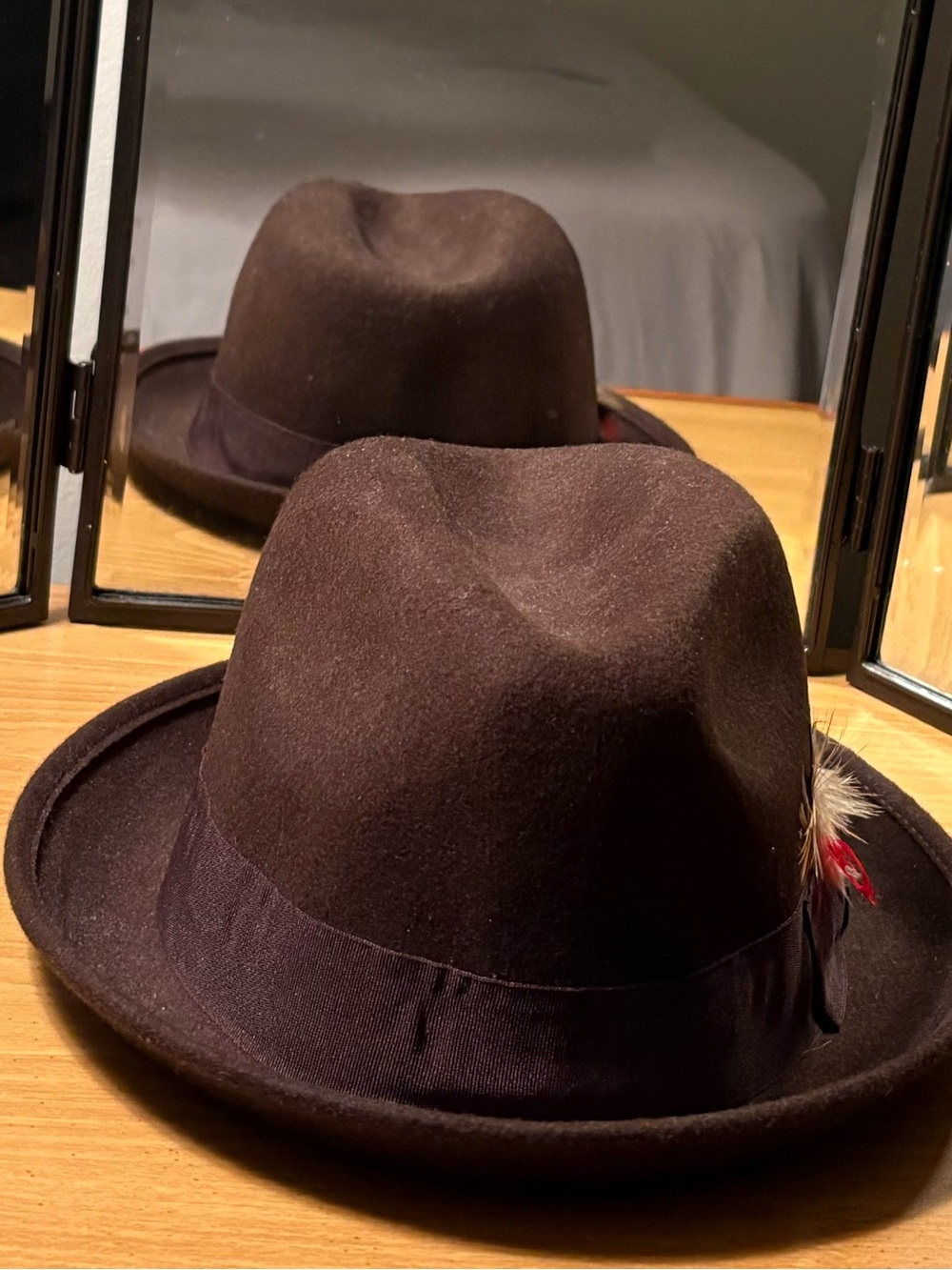 Men's Brown Felt Fedora Hat with Feather Trim